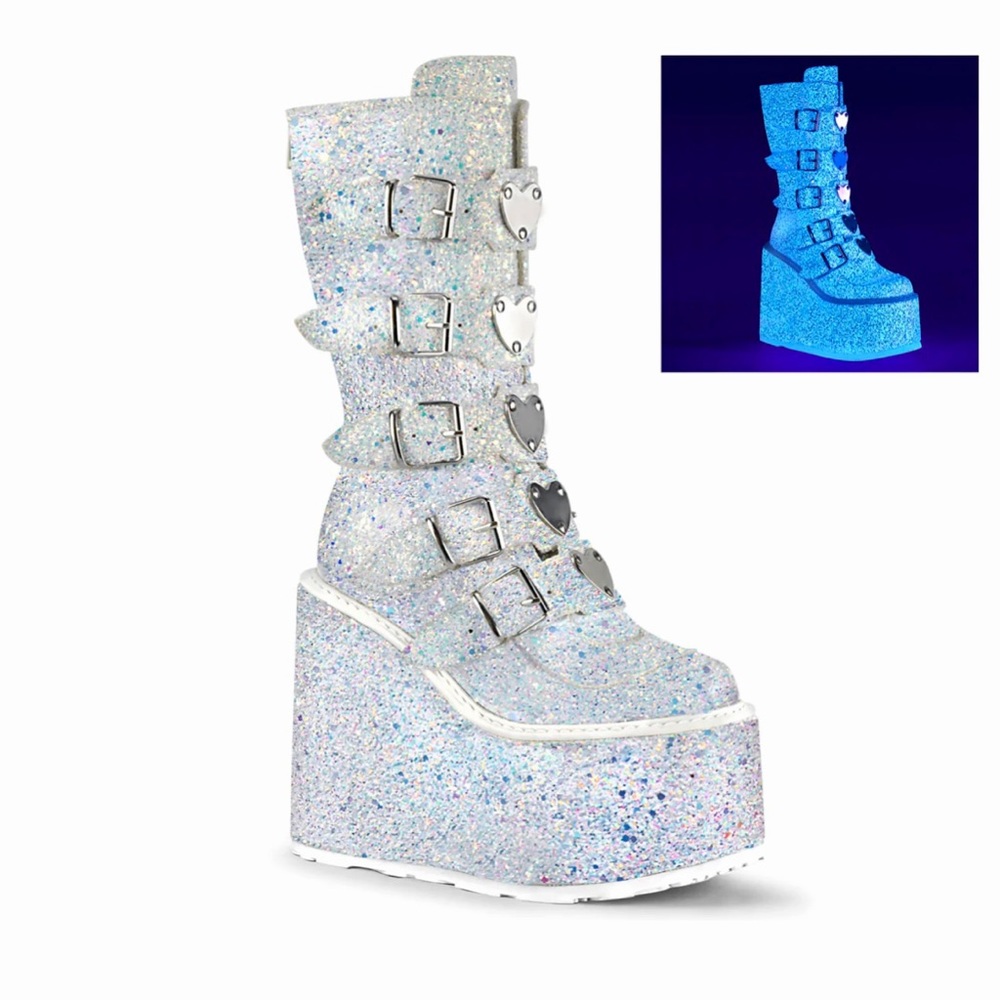 Demonia platform boots. White glitter. Heart detail.